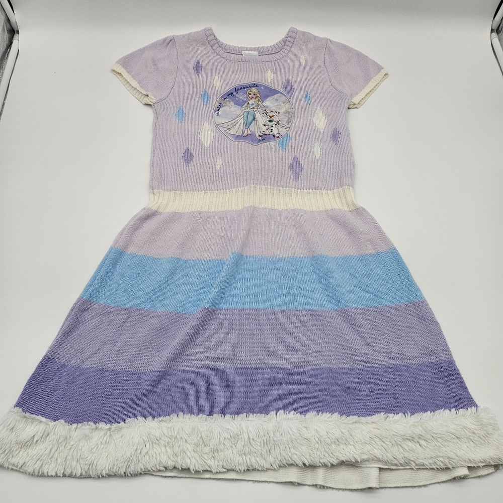Disney Frozen Girls Sweater Dress XL Purple Striped Knit Elsa Patch Faux Fur Hem